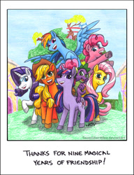 Size: 720x937 | Tagged: safe, artist:texasuberalles, imported from derpibooru, applejack, fluttershy, pinkie pie, rainbow dash, rarity, spike, twilight sparkle, dragon, earth pony, pegasus, pony, unicorn, colored pencil drawing, cowboy hat, dragons riding ponies, end of ponies, female, frog (hoof), golden oaks library, group photo, happy birthday mlp:fim, hat, looking at you, male, mane seven, mane six, mare, marker drawing, mlp fim's ninth anniversary, raised hoof, riding, smiling, telescope, traditional art, underhoof, unicorn twilight