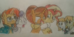 Size: 1447x726 | Tagged: safe, artist:jebens1, imported from derpibooru, starlight glimmer, stellar flare, sunburst, sunset shimmer, earth pony, pegasus, pony, unicorn, crossover, crying, female, hug, mare, mind blown, ponified, reunion, story included, sunny siblings, teenage mutant ninja turtles, traditional art