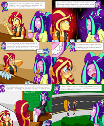 Size: 2000x2400 | Tagged: safe, artist:jake heritagu, imported from derpibooru, adagio dazzle, aria blaze, sci-twi, sunset shimmer, twilight sparkle, oc, oc:sparkling sapphire, comic:aria's archives, equestria girls, alcohol, bar, blushing, blushing profusely, chalkboard, clothes, comic, dialogue, drunk, female, flashback, glasses, lesbian, magical lesbian spawn, offspring, parent:sci-twi, parent:sunset shimmer, parents:scitwishimmer, shipping, speech bubble, suit, sunblaze, sunsagio, sunset shimmer gets all the dazzlings, sunsetsparkle