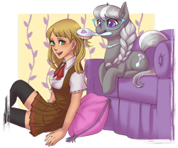 Size: 2428x2019 | Tagged: safe, artist:taytinabelle, derpibooru exclusive, imported from derpibooru, silver spoon, oc, oc:lauren steffords, earth pony, human, pony, accessories, accessory, braid, braided ponytail, brushing, clothes, commission, couch, cute, cutie mark, digital art, dress, fanfic art, female, glasses, hairbrush, happy, jewelry, looking at you, mare, mouth hold, necklace, older, older silver spoon, open mouth, pearl necklace, pleated skirt, silverbetes, simple background, skirt, smiling, socks, thigh highs, transparent background, zettai ryouiki