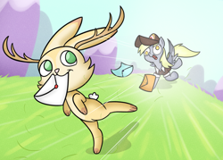 Size: 1506x1080 | Tagged: safe, artist:cookieboy011, imported from derpibooru, derpy hooves, jackalope, pegasus, pony, letter, mailmare, running, youtube link in the description