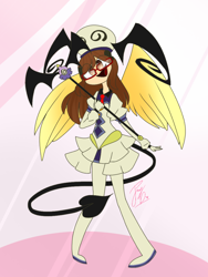 Size: 768x1024 | Tagged: safe, artist:jennyatethepizzza, imported from derpibooru, oc, oc:ferb fletcher, human, clothes, cosplay, costume, crossdressing, humanized, lala satalin deviluke, point commission, solo, to love-ru, winged humanization, wings