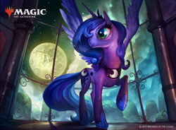 Size: 1400x1028 | Tagged: safe, artist:john thacker, artist:johnofthenorth, imported from derpibooru, nightmare moon, princess luna, alicorn, pony, friendship is magic, female, full moon, hoof shoes, magic the gathering, mare, mare in the moon, moon, official, one hoof raised, ponies the galloping, raised hoof, s1 luna, solo