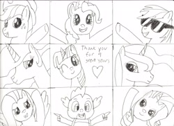 Size: 4671x3400 | Tagged: safe, artist:2shyshy, imported from derpibooru, applejack, fluttershy, pinkie pie, princess celestia, princess luna, rainbow dash, rarity, spike, twilight sparkle, alicorn, dragon, earth pony, pegasus, pony, unicorn, happy anniversary, happy birthday mlp:fim, heart, mane six, mlp fim's ninth anniversary