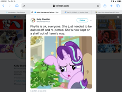 Size: 2048x1536 | Tagged: safe, imported from derpibooru, phyllis, starlight glimmer, unicorn, a horse shoe-in, kelly sheridan, meta, plant, text, twitter