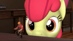 Size: 852x480 | Tagged: safe, artist:pika-robo, imported from derpibooru, apple bloom, pony, 3d, adorabloom, animated, cute, dancing, desk, engineer, eyes on the prize, female, filly, gif, red engineer, source filmmaker, stare, team fortress 2, this will end in explosions, tiny desk engineer, wat