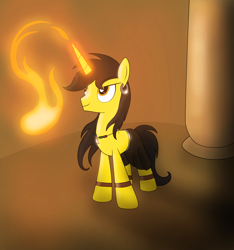 Size: 4991x5321 | Tagged: safe, artist:blazeburn386, imported from derpibooru, oc, oc only, oc:blaze burn, pony, unicorn, bracelet, clothes, dark, ear piercing, earring, fire, fireball, flamethrower, glowing horn, horn, jewelry, long hair, magic, magic show, male, necklace, paint tool sai, performance, photoshop, piercing, room, solo, stallion, standing, tunic, weapon