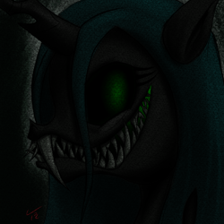 Size: 2000x2000 | Tagged: safe, artist:tunrae, imported from derpibooru, queen chrysalis, changeling, changeling queen, pony, creepy, creepy smile, digital art, female, glowing mouth, krita, sharp teeth, smiling, solo, static, teeth