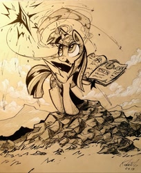 Size: 1120x1372 | Tagged: safe, artist:kaleido-art, imported from derpibooru, twilight sparkle, alicorn, pony, book, female, inktober, inktober 2019, magic, mare, smiling, solo, traditional art, twilight sparkle (alicorn)