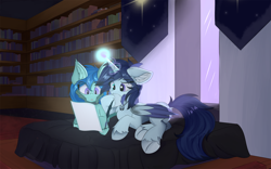 Size: 1920x1200 | Tagged: safe, artist:lunar froxy, imported from derpibooru, oc, oc only, alicorn, bat pony, pony, alicorn oc, bat pony oc, bed, duo, ear fluff, eye clipping through hair, glowing horn, heterochromia, horn, library, lying down, magic, quill, solo, telekinesis, thinking, unshorn fetlocks