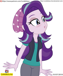 Size: 1687x2061 | Tagged: safe, artist:conikiblasu-fan, imported from derpibooru, starlight glimmer, equestria girls, beanie, blushing, clothes, female, hat, kissing, pants, simple background, solo, transparent background, vest