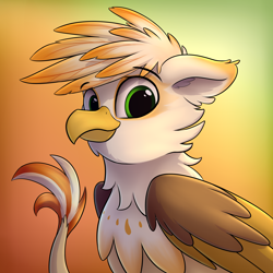 Size: 2552x2552 | Tagged: safe, artist:av-4, imported from derpibooru, oc, oc only, oc:ember burd, griffon, bust, catbird, eared griffon, griffon oc, looking at you, portrait, simple background, solo