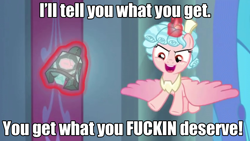 Size: 1280x720 | Tagged: safe, edit, edited screencap, imported from derpibooru, screencap, cozy glow, alicorn, pony, the ending of the end, alicornified, caption, female, filly, grogar's bell, image macro, joker (2019), joker movie, race swap, solo, spoilers for another series, text, vulgar