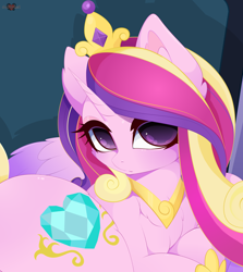 Size: 3462x3888 | Tagged: safe, artist:xsatanielx, imported from derpibooru, princess cadance, alicorn, pony, cheek fluff, crown, cute, cutedance, ear fluff, female, high res, jewelry, looking at you, lovebutt, lying down, mare, on side, regalia, solo