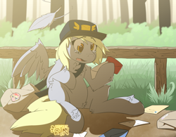 Size: 1280x1000 | Tagged: safe, artist:wicketrin, imported from derpibooru, derpy hooves, pegasus, pony, accident, chest fluff, crying, cute, derp, derpabetes, feather, female, hoof hold, leg fluff, letter, mailmare, mare, open mouth, sack, sad, sadorable, sitting, solo, teary eyes, wing fluff