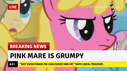 Size: 640x360 | Tagged: safe, edit, edited screencap, imported from derpibooru, screencap, cherry berry, sunshower raindrops, earth pony, pegasus, pony, break your own news, breaking news, captain obvious, episode needed, female, grumpy, mare, meme, solo focus