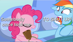 Size: 800x455 | Tagged: safe, edit, edited screencap, imported from derpibooru, screencap, pinkie pie, rainbow dash, pony, secrets and pies, all star (song), angry, annoying, bed, bell, cowbell, eyes closed, meme, somebody once told me