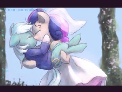 Size: 1024x768 | Tagged: safe, artist:grissaecrim, artist:raikoh, imported from derpibooru, bon bon, lyra heartstrings, sweetie drops, earth pony, pony, unicorn, the last problem, clothes, crying, dress, duo, female, happy birthday mlp:fim, kiss on the lips, kissing, lesbian, lyrabon, mare, mlp fim's ninth anniversary, shipping, tears of joy, tuxedo, wedding dress