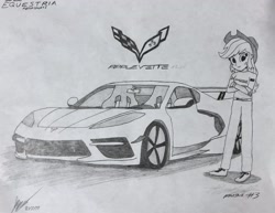 Size: 2580x1990 | Tagged: safe, artist:forzaveteranenigma, imported from derpibooru, applejack, fanfic:equestria motorsports, equestria girls, car, chevrolet, chevrolet corvette, corvette, corvette c8, general motors, motorsport, racing suit, supercar, traditional art