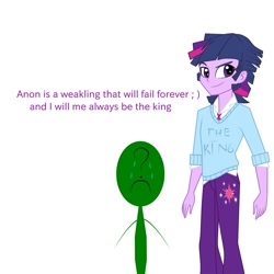 Size: 1500x1500 | Tagged: safe, artist:damaged, edit, imported from derpibooru, twilight sparkle, oc, oc:anon, equestria girls, 1000 hours in ms paint, dialogue, dusk shine, equestria guys, op is a duck, rule 63