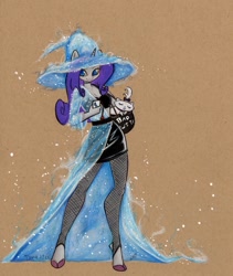 Size: 1024x1214 | Tagged: safe, artist:divinekitten, imported from derpibooru, opalescence, rarity, anthro, unguligrade anthro, beautiful, clothes, cloven hooves, fishnets, hat, legs, magic, miniskirt, pantyhose, skirt, top, witch hat