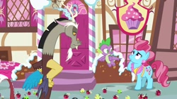 Size: 1920x1080 | Tagged: safe, imported from derpibooru, screencap, cup cake, discord, spike, dragon, pony, the big mac question, apple, food, winged spike, wings