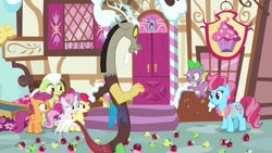 Size: 1920x1080 | Tagged: safe, imported from derpibooru, screencap, apple bloom, cup cake, discord, granny smith, scootaloo, spike, sweetie belle, draconequus, dragon, earth pony, pony, the big mac question, apple, cutie mark crusaders, food, winged spike, wings