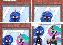 Size: 4254x3061 | Tagged: safe, artist:eternaljonathan, imported from derpibooru, nightmare moon, nightmare star, princess celestia, princess luna, alicorn, pony, comic:first three back, comic, deviantart, evil laugh, female, funhouse mirror, laughing, mare, mirror, royal sisters, sharp teeth, teeth, traditional art, whinnyland