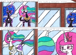 Size: 1024x739 | Tagged: safe, artist:eternaljonathan, imported from derpibooru, nightmare moon, nightmare star, princess celestia, princess luna, alicorn, pony, comic:first three back, princess molestia, comic, deviantart, female, funhouse mirror, laughing, mare, mirror, princess lunestia, raised hoof, royal sisters, sharp teeth, teeth, tongue out, traditional art, whinnyland