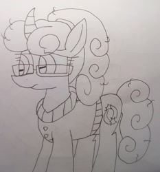 Size: 2788x2992 | Tagged: safe, artist:徐詩珮, imported from derpibooru, glitter drops, pony, unicorn, alternate hairstyle, female, glasses, glitter drops is not amused, lineart, mare, traditional art, unamused