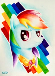 Size: 1280x1762 | Tagged: safe, artist:rsd500, imported from derpibooru, rainbow dash, pegasus, pony, element of loyalty, female, head shot, rainbow, solo, traditional art