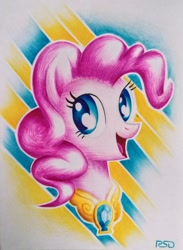 Size: 1280x1751 | Tagged: safe, artist:rsd500, imported from derpibooru, pinkie pie, earth pony, pony, blue eyes, element of laughter, female, head shot, smiling, solo, traditional art