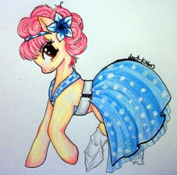 Size: 900x894 | Tagged: safe, artist:divinekitten, imported from derpibooru, oc, oc only, oc:sock hop, pony, belt, clothes, dress, female, flower, flower in hair, hornless unicorn, mare, simple background, socks, traditional art, white background, white socks