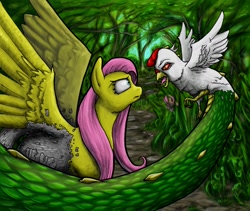 Size: 1351x1140 | Tagged: safe, artist:man-eating-llama, imported from derpibooru, fluttershy, cockatrice, pegasus, pony, stare master, duo, female, mare, petrification, scene interpretation, stare, the stare