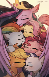 Size: 1421x2201 | Tagged: safe, artist:tcn1205, imported from derpibooru, applejack, fluttershy, pinkie pie, rainbow dash, rarity, twilight sparkle, alicorn, earth pony, pegasus, pony, unicorn, season 9, the last problem, spoiler:s09, cute, eyes closed, female, freckles, group hug, hug, mane six, mare, older, older applejack, older fluttershy, older mane six, older pinkie pie, older rainbow dash, older rarity, older twilight, princess twilight 2.0, twilight sparkle (alicorn), wing hands, winghug, wings