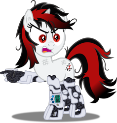 Size: 6445x6788 | Tagged: safe, artist:vector-brony, imported from derpibooru, oc, oc only, oc:blackjack, cyborg, pony, unicorn, fallout equestria, fallout equestria: project horizons, absurd resolution, amputee, angry, artificial hands, augmented, cyber legs, cybernetic legs, fanfic, fanfic art, female, hooves, horn, level 1 (project horizons), mare, mechanical hands, open mouth, pointing, raised hoof, simple background, solo, transparent background