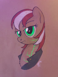 Size: 3024x4032 | Tagged: safe, artist:brisineo, imported from derpibooru, oc, oc only, oc:roulette, pony, fallout equestria, bust, clothes, female, glow in the dark, glowing eyes, looking at you, mare, mutant, mutation, simple background, solo, traditional art