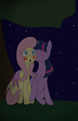 Size: 1242x1920 | Tagged: safe, artist:jay-551, imported from derpibooru, fluttershy, twilight sparkle, alicorn, pegasus, pony, fanfic:inner strength, series:who we become, blushing, female, hug, kissing, lesbian, night, shipping, stars, surprise kiss, tree, twilight sparkle (alicorn), twishy, winghug