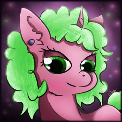 Size: 1467x1467 | Tagged: safe, artist:jesterpi, imported from derpibooru, oc, oc:berry blitz, pony, unicorn, abstract background, ear piercing, earring, glow, glowing, green mane, jewelry, piercing, profile, profile picture, smiling