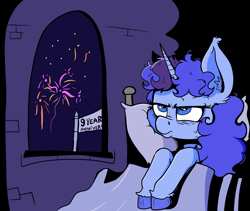 Size: 3101x2621 | Tagged: safe, artist:paskanaakka, derpibooru exclusive, imported from derpibooru, oc, oc only, oc:midnight dew, pony, unicorn, bags under eyes, bed, colored hooves, ear fluff, female, fireworks, grumpy, happy birthday mlp:fim, high res, mare, mlp fim's ninth anniversary, pillow, solo, unshorn fetlocks