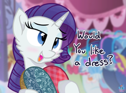 Size: 1585x1167 | Tagged: safe, artist:rainbow eevee, imported from derpibooru, rarity, pony, unicorn, blushing, boutique, clothes, cute, daaaaaaaaaaaw, dialogue, dress, fabric, female, hoof hold, lidded eyes, open mouth, raribetes, solo