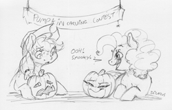 Size: 2219x1417 | Tagged: safe, artist:dilarus, deleted from derpibooru, imported from derpibooru, applejack, pinkie pie, earth pony, pony, blushing, dialogue, female, freckles, halloween, hat, holiday, jack-o-lantern, mare, monochrome, open mouth, pumpkin, pumpkin carving, simple background, traditional art, white background