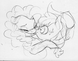 Size: 1409x1099 | Tagged: safe, artist:dilarus, deleted from derpibooru, imported from derpibooru, applejack, pinkie pie, earth pony, pony, applepie, blushing, female, hat, lesbian, mare, monochrome, possible incest, pumpkin, shipping, simple background, story included, traditional art, white background