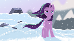 Size: 1920x1080 | Tagged: safe, artist:kota, imported from derpibooru, starlight glimmer, pony, unicorn, the ending of the end, spoiler:s09, badass, female, frown, lidded eyes, like a boss, mare, scene interpretation, snow, solo, standing, that was fast, wallpaper, windswept mane
