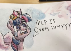 Size: 2146x1537 | Tagged: safe, artist:jimmyjamno1, imported from derpibooru, twilight sparkle, twilight sparkle (alicorn), alicorn, pony, big crown thingy, crying, element of magic, end of ponies, female, in-universe pegasister, jewelry, regalia, series finale blues, solo, traditional art, watercolor painting, wings
