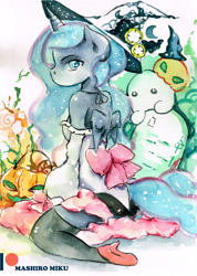 Size: 2409x3385 | Tagged: safe, artist:mashiromiku, imported from derpibooru, princess luna, alicorn, anthro, clothes, costume, halloween, halloween costume, holiday, patreon, patreon logo, traditional art, watercolor painting