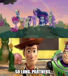 Size: 500x561 | Tagged: safe, edit, edited screencap, imported from derpibooru, screencap, applejack, fluttershy, pinkie pie, rainbow dash, rarity, spike, twilight sparkle, twilight sparkle (alicorn), alicorn, dragon, the last problem, bittersweet, buzz lightyear, disney, end of g4, end of ponies, feels, gigachad spike, goodbye, mane seven, mane six, meme, older, older applejack, older fluttershy, older mane seven, older mane six, older pinkie pie, older rainbow dash, older rarity, older spike, older twilight, pixar, princess twilight 2.0, text, toy story, toy story 3, winged spike, wings, woody
