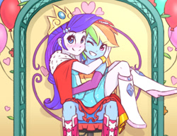 Size: 958x740 | Tagged: safe, artist:raridashdoodles, imported from derpibooru, rainbow dash, rarity, human, a photo booth story, eqg summertime shorts, equestria girls, anime, balloon, blushing, boots, crown, cute, dashabetes, fall formal outfits, female, heart, jewelry, lesbian, looking at you, one eye closed, raribetes, raridash, regalia, shipping, shoes, wink