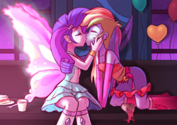Size: 1000x706 | Tagged: safe, artist:raridashdoodles, imported from derpibooru, rainbow dash, rarity, human, a photo booth story, eqg summertime shorts, equestria girls, balloon, blushing, butterfly wings, cake, clothes, dress, drink, fall formal outfits, female, food, heart, heart balloon, kiss on the lips, kissing, lesbian, raridash, shipping, wings