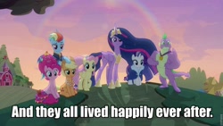 Size: 960x540 | Tagged: safe, edit, edited screencap, imported from derpibooru, screencap, applejack, fluttershy, pinkie pie, rainbow dash, rarity, spike, twilight sparkle, twilight sparkle (alicorn), alicorn, the last problem, caption, end of ponies, gigachad spike, image macro, mane seven, mane six, older, older applejack, older fluttershy, older mane seven, older mane six, older pinkie pie, older rainbow dash, older rarity, older spike, older twilight, princess twilight 2.0, text, the end